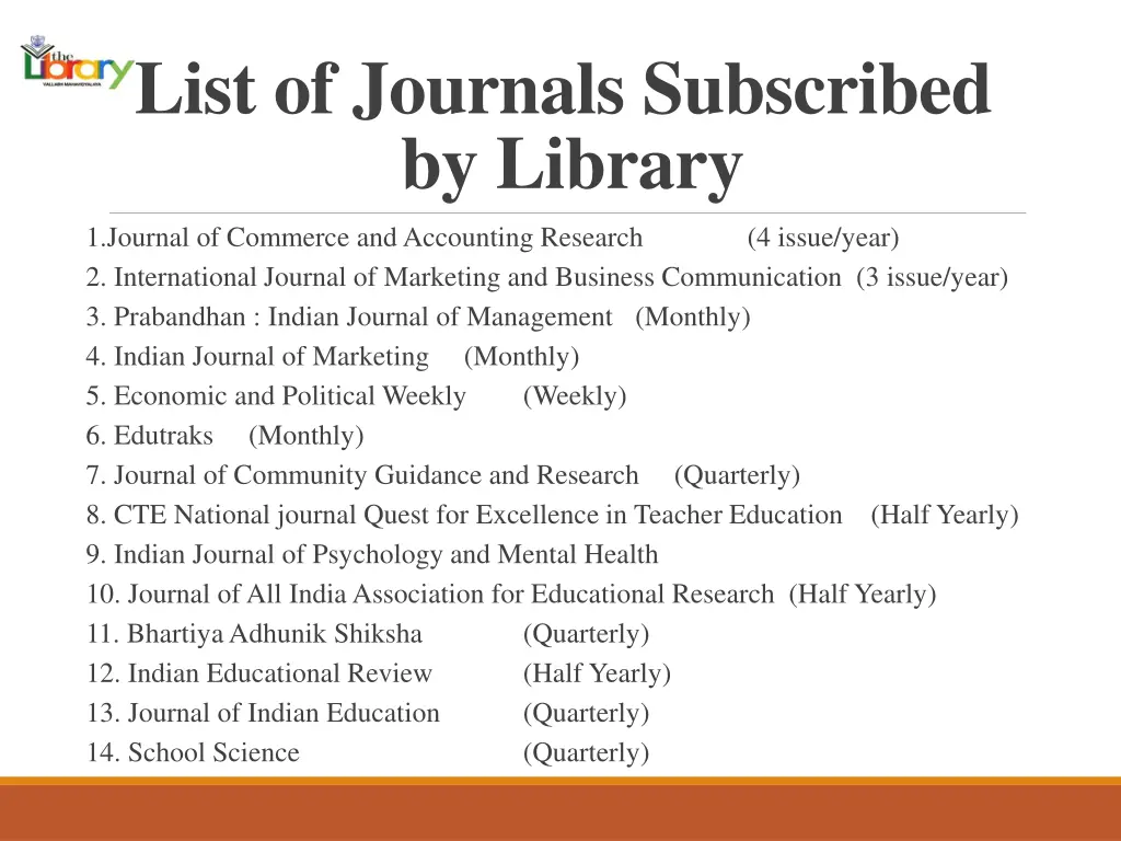 list of journals subscribed by library