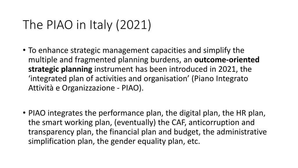 the piao in italy 2021