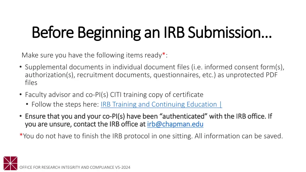 before beginning an irb submission before