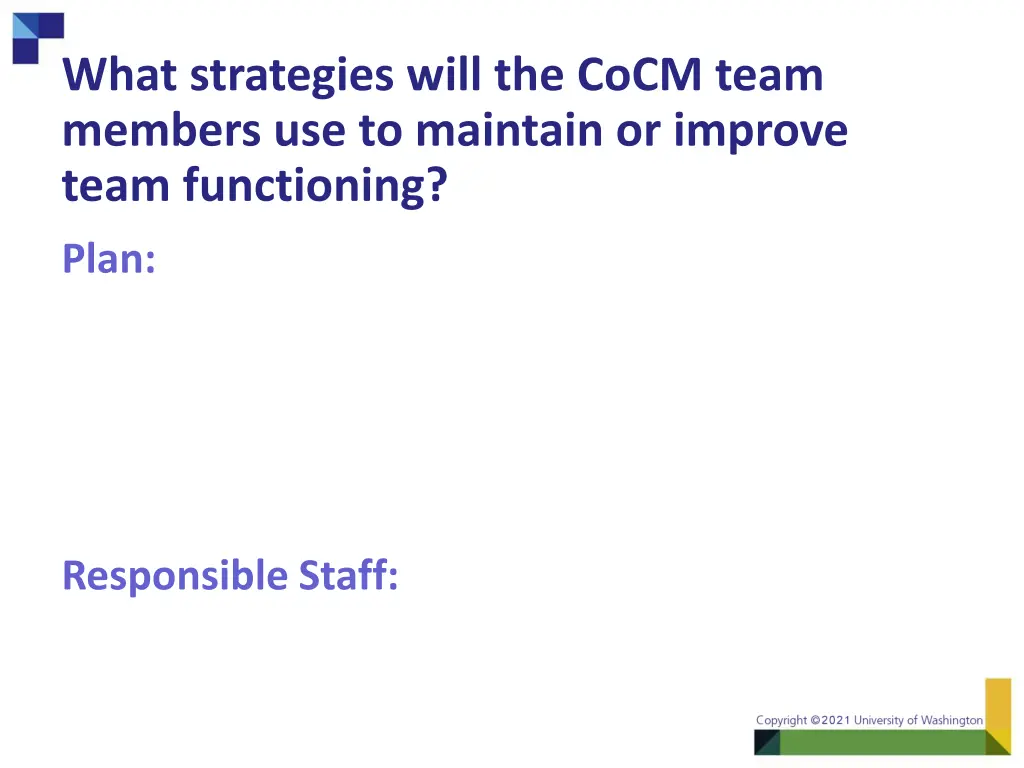 what strategies will the cocm team members