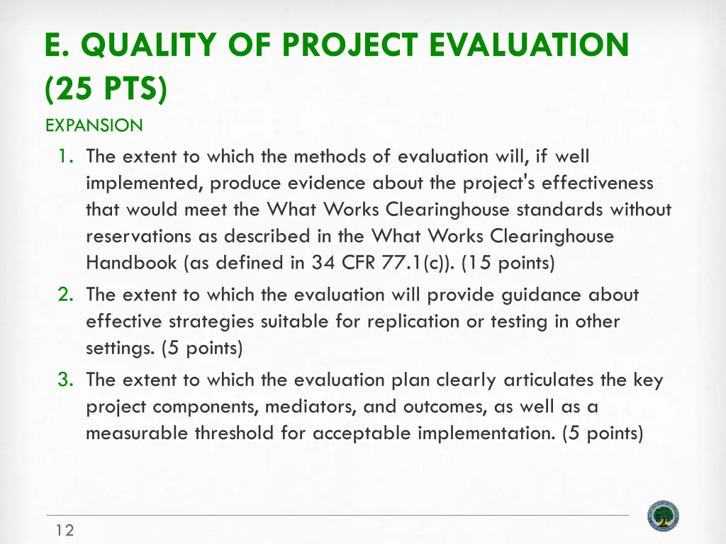 e quality of project evaluation 25 pts expansion