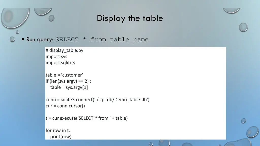 display the table
