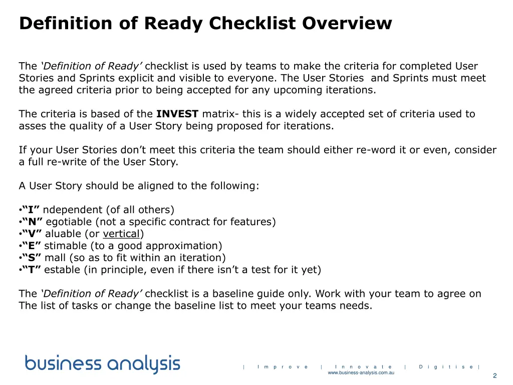 definition of ready checklist overview