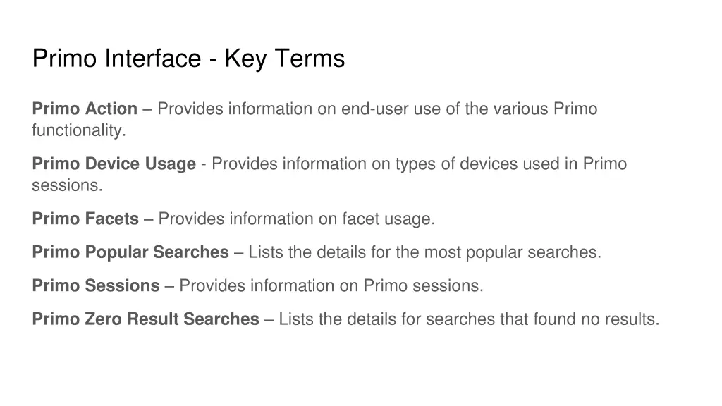 primo interface key terms