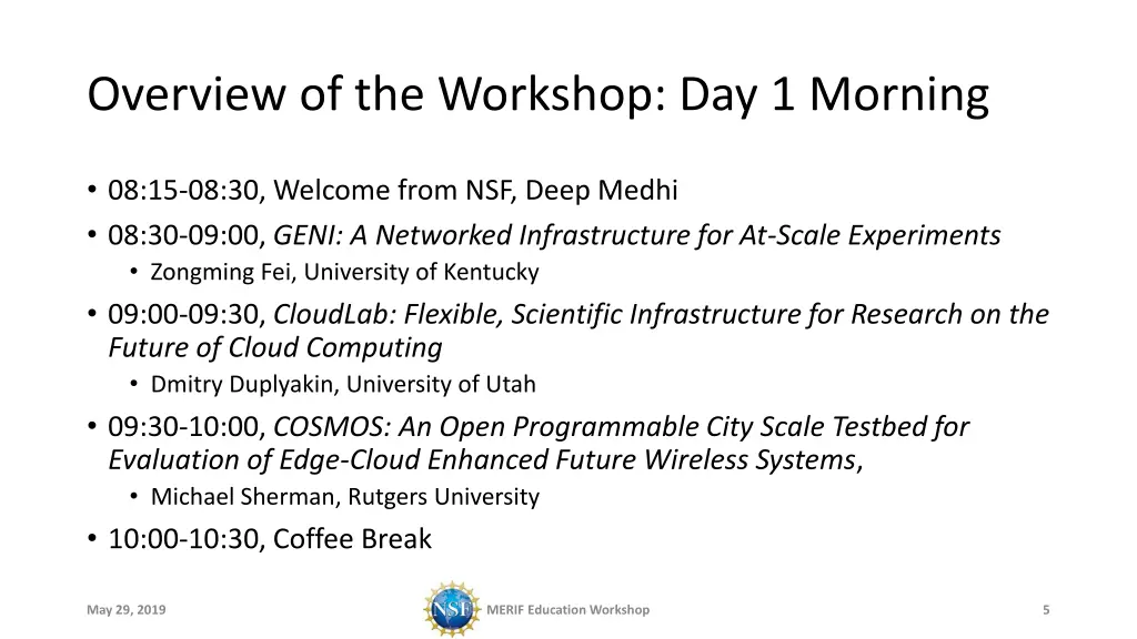 overview of the workshop day 1 morning