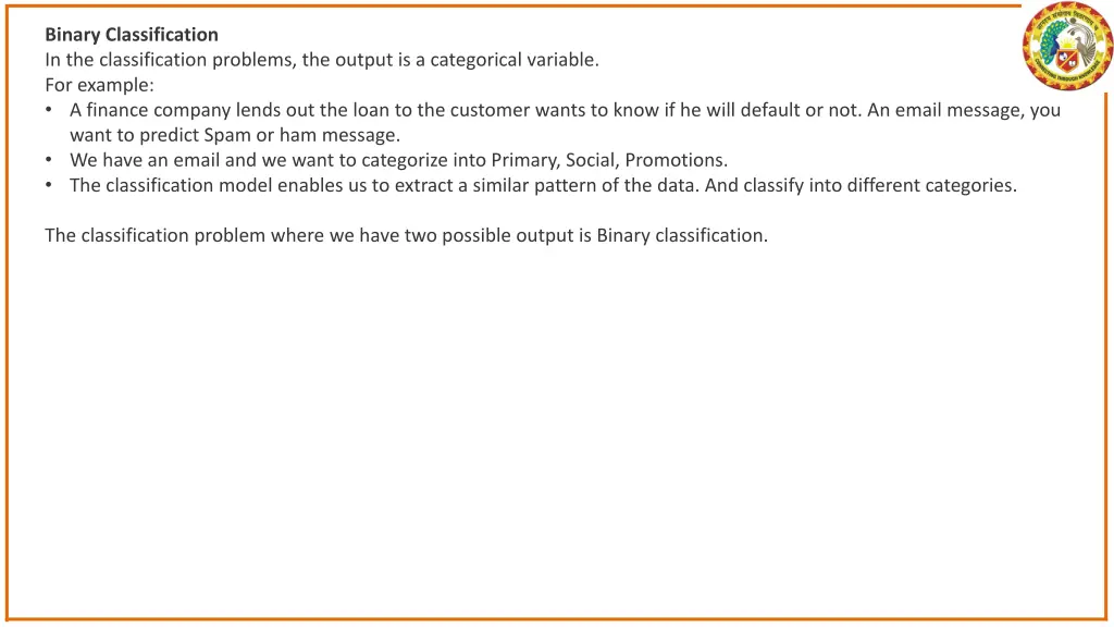 binary classification in the classification