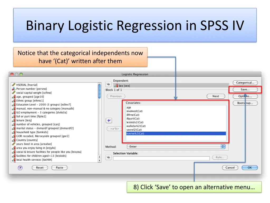 binary logistic regression in spss iv