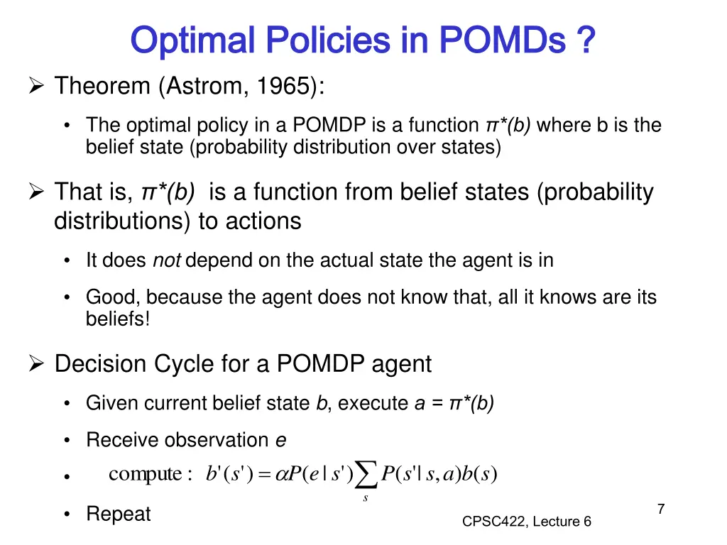 optimal policies in pomds optimal policies