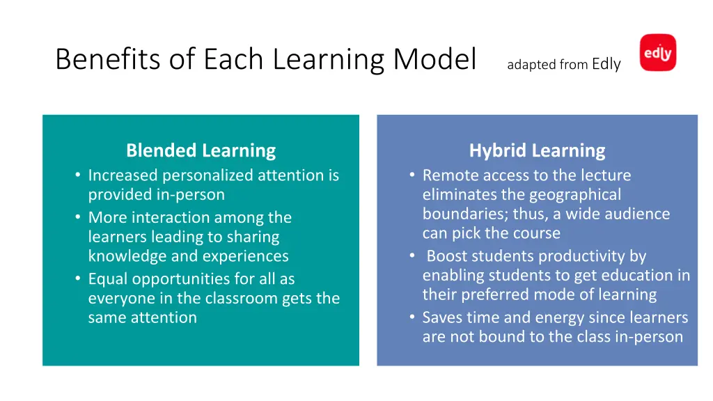 benefits of each learning model adapted from edly
