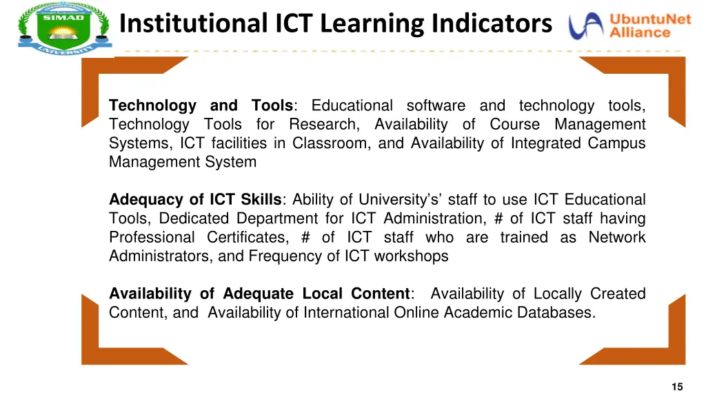 institutional ict learning indicators
