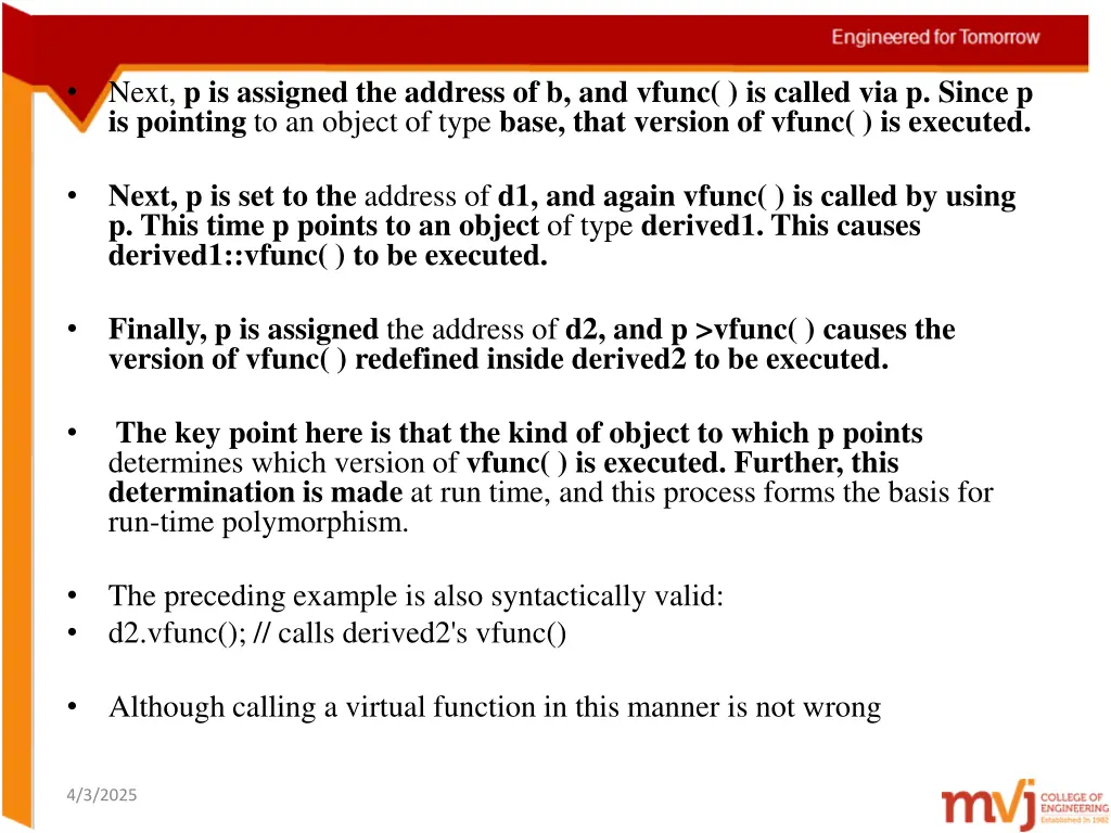 next p is assigned the address of b and vfunc