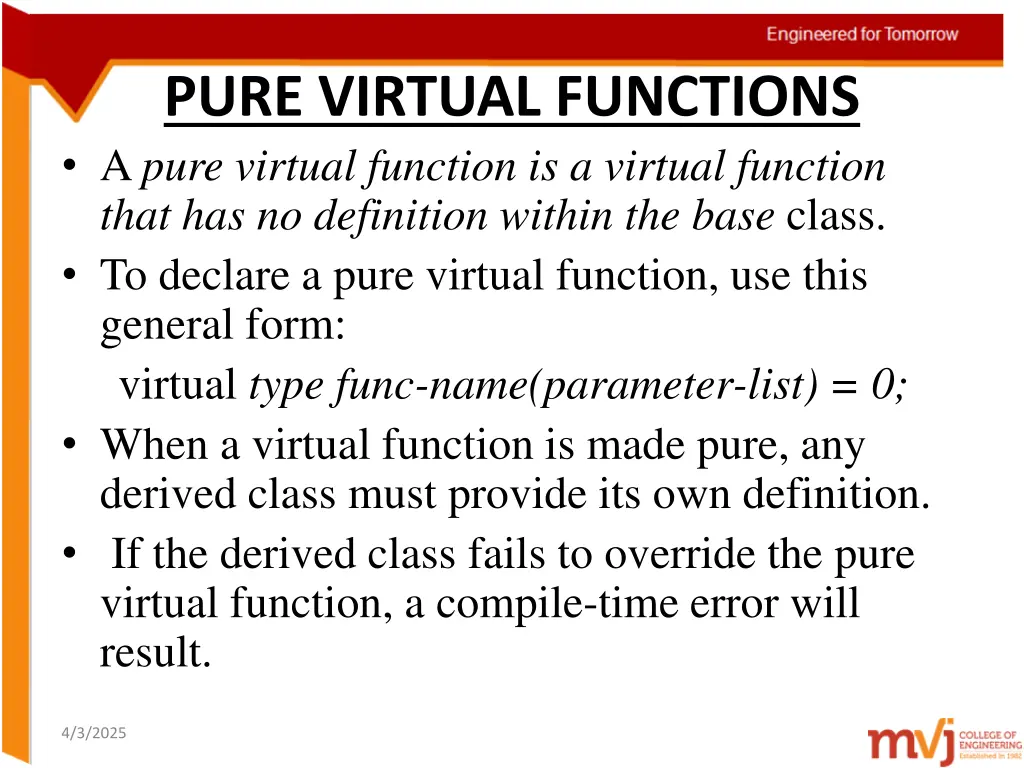 pure virtual functions a pure virtual function