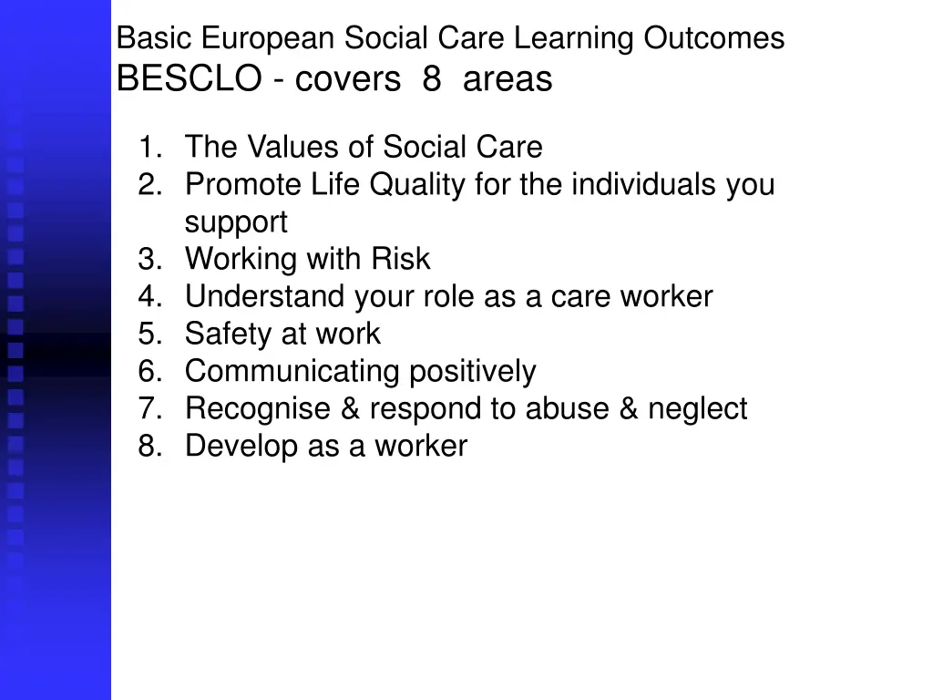 basic european social care learning outcomes