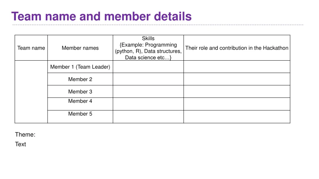 team name and member details