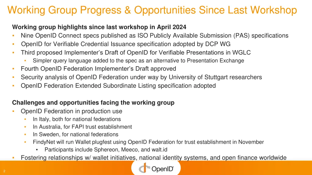 working group progress opportunities since last