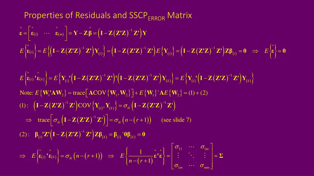 properties of residuals and sscp error matrix