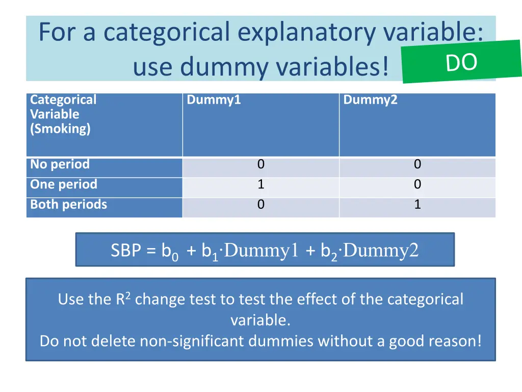 for a categorical explanatory variable use dummy