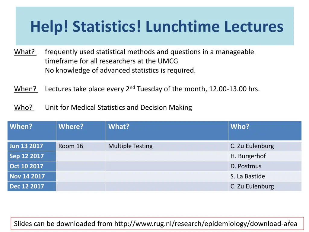 help statistics lunchtime lectures