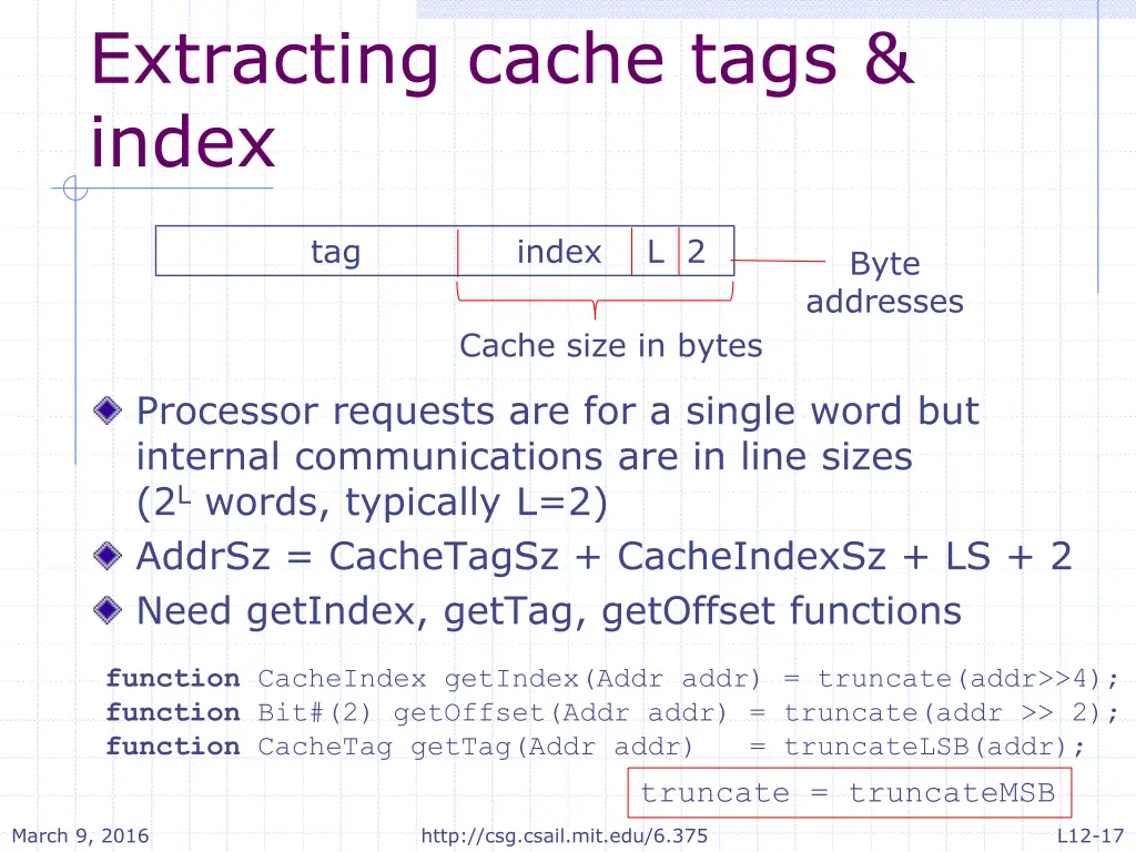 extracting cache tags index