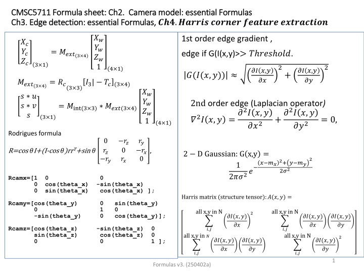 cmsc5711 formula sheet ch2 camera model essential