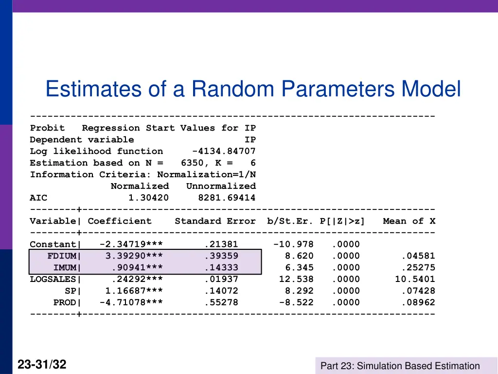 estimates of a random parameters model
