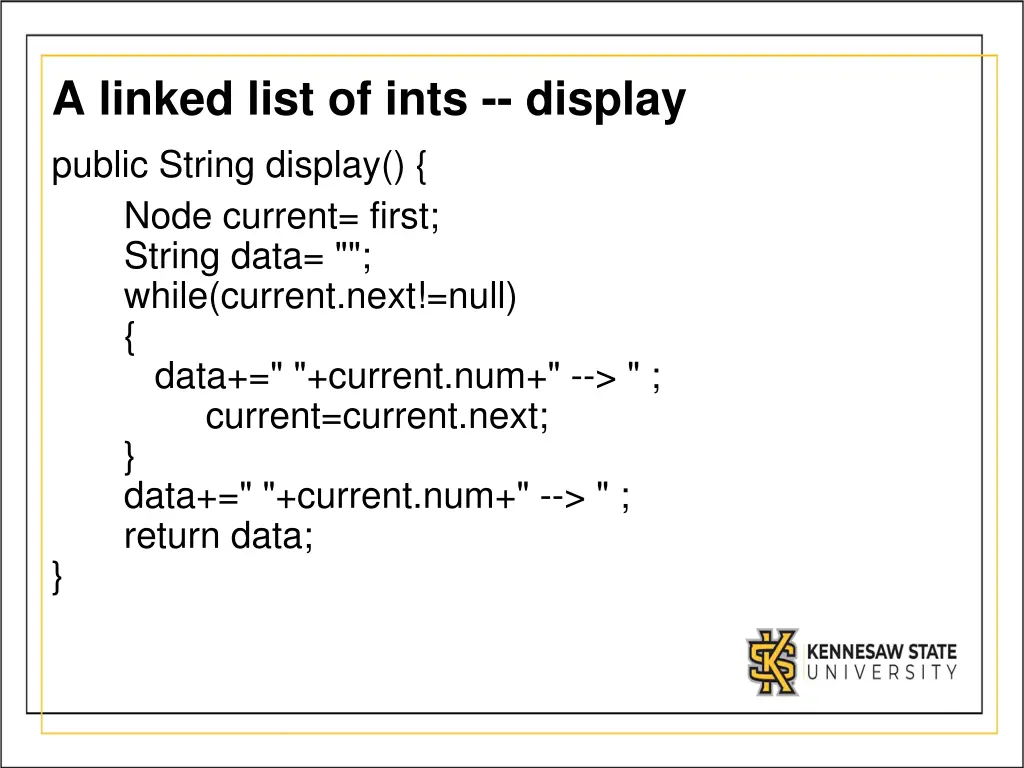 a linked list of ints display public string