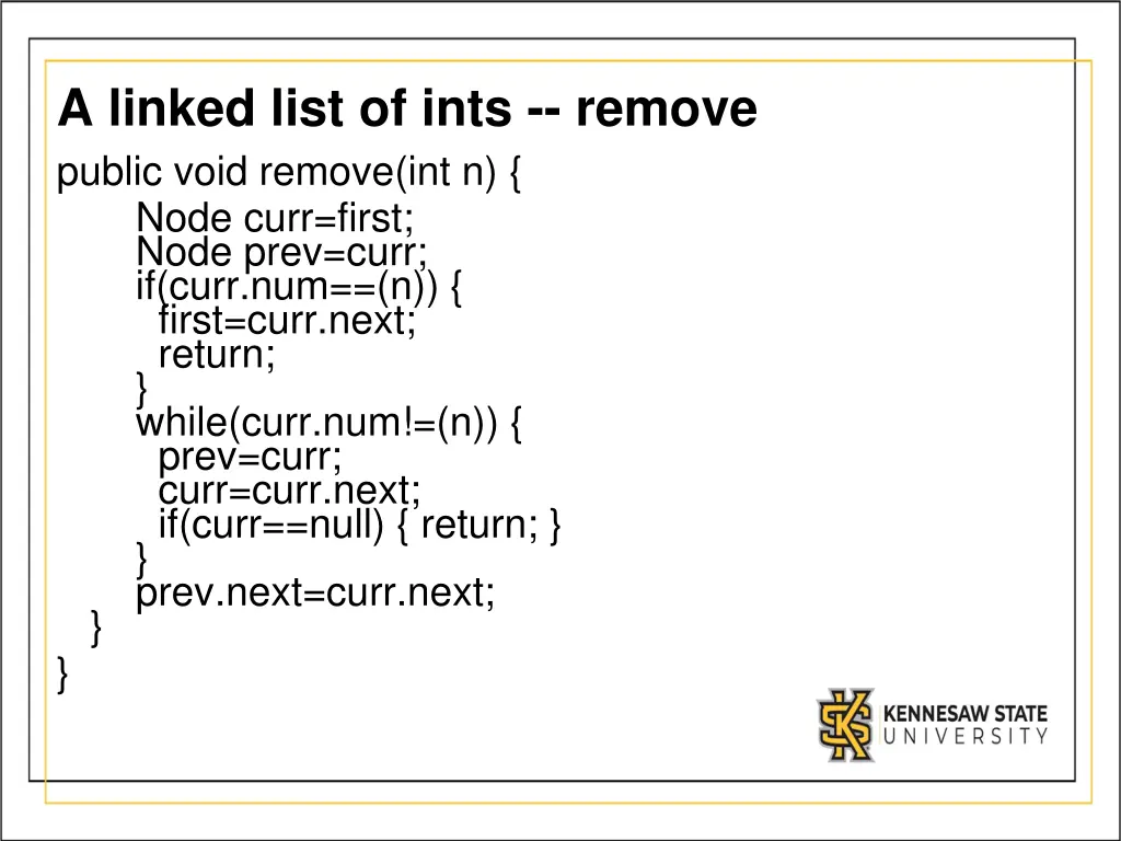 a linked list of ints remove public void remove