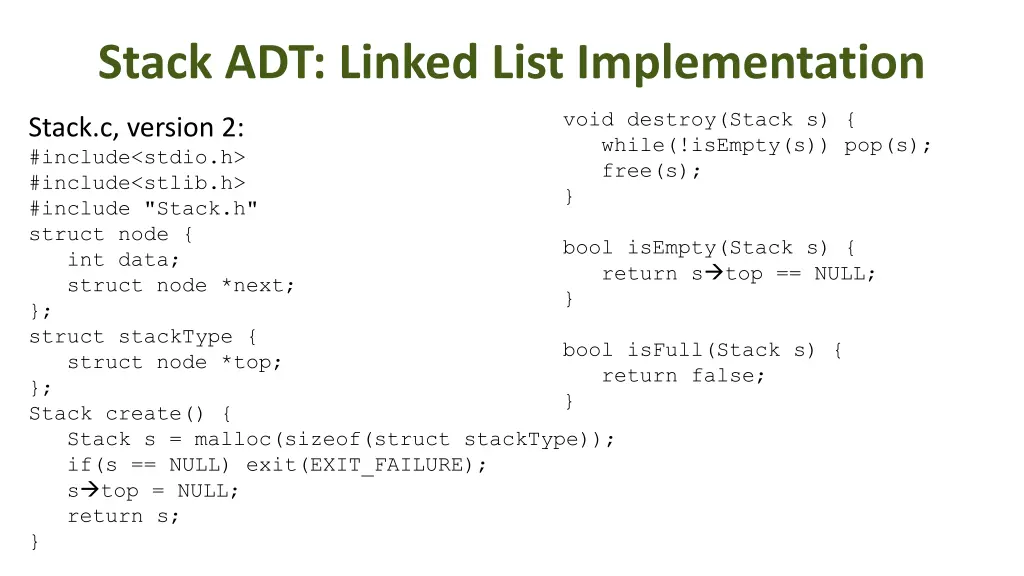 stack adt linked list implementation