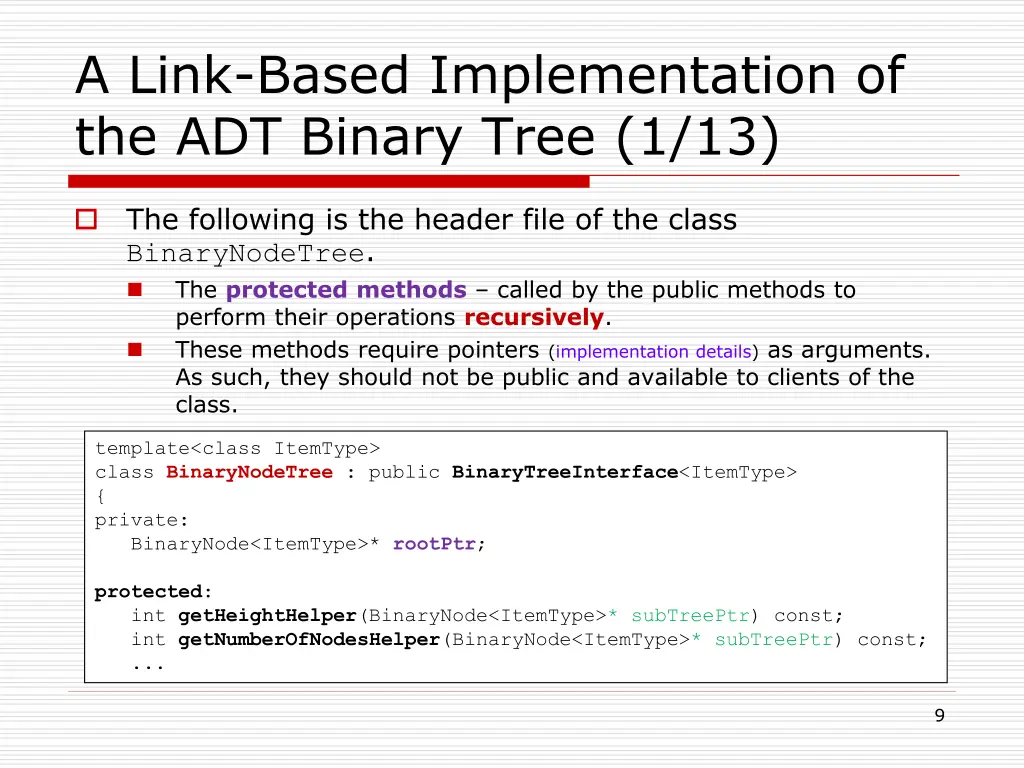 a link based implementation of the adt binary