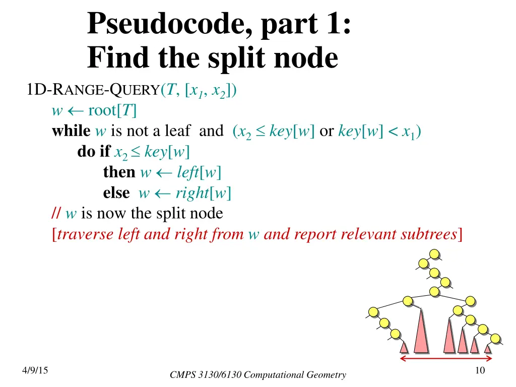 pseudocode part 1 find the split node 1d r ange