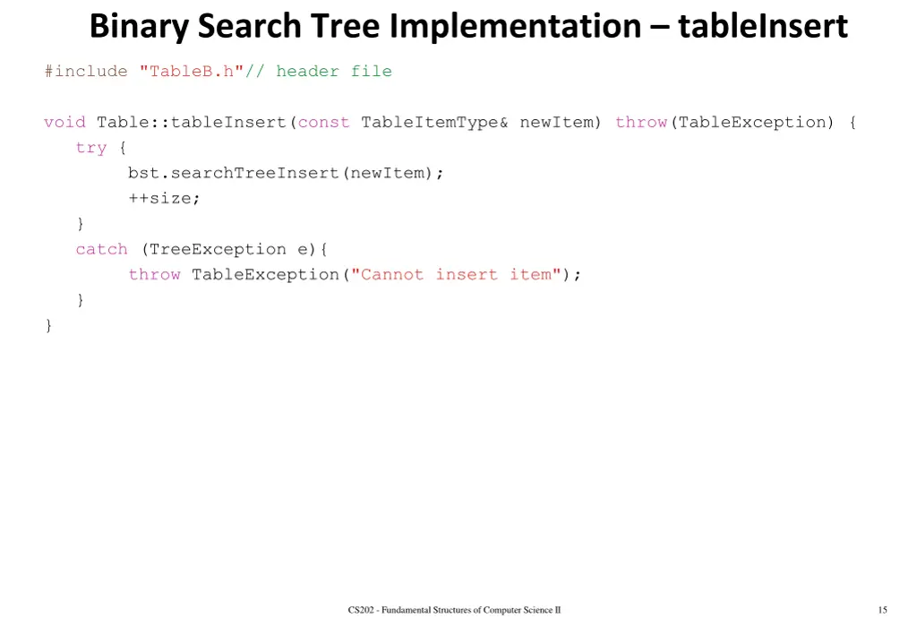 binary search tree implementation tableinsert