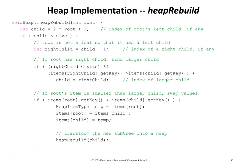 heap implementation heaprebuild
