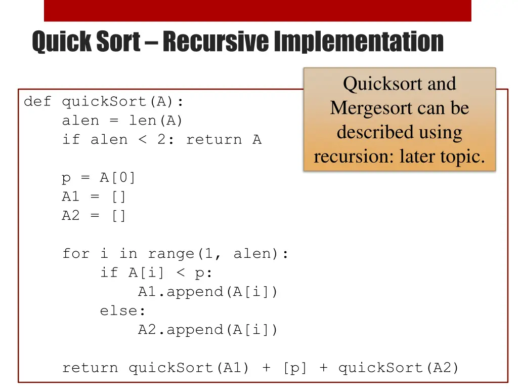 quick sort recursive implementation