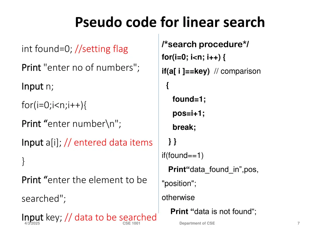 pseudo code for linear search