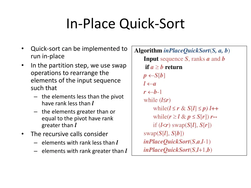 in place quick sort