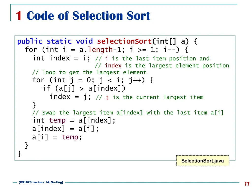 1 code of selection sort
