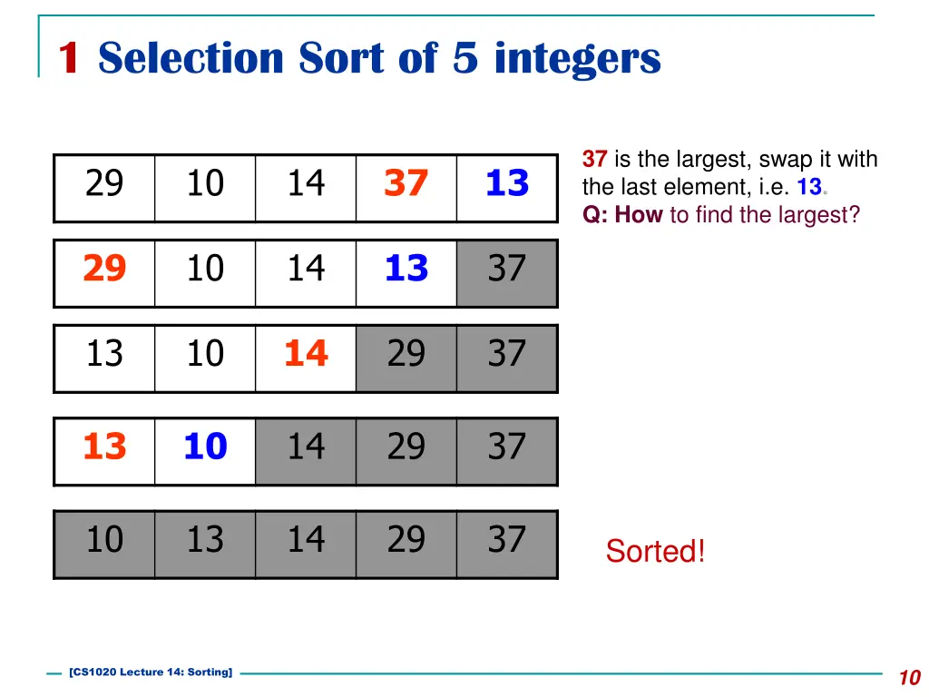 1 selection sort of 5 integers