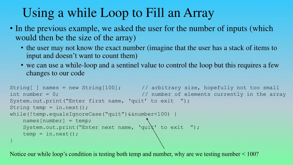 using a while loop to fill an array