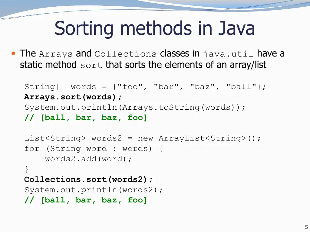 sorting methods in java