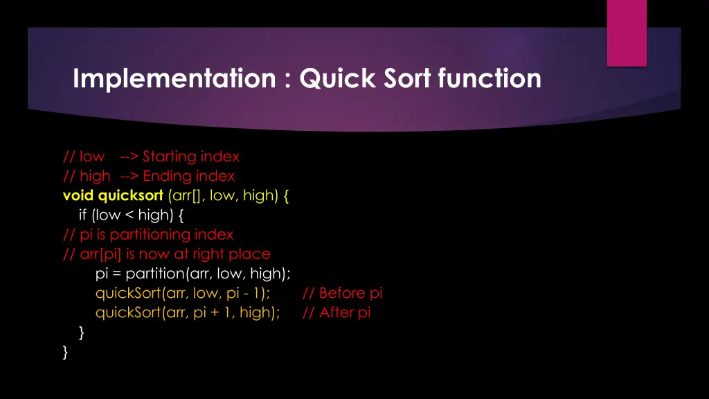 implementation quick sort function