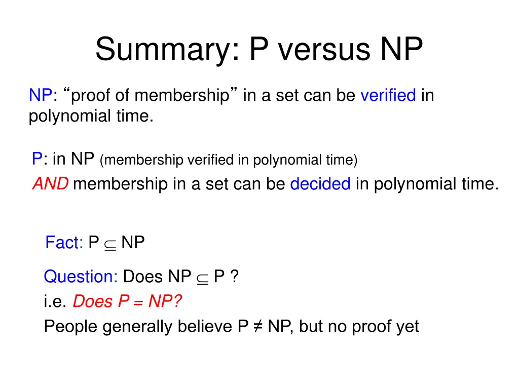 summary p versus np
