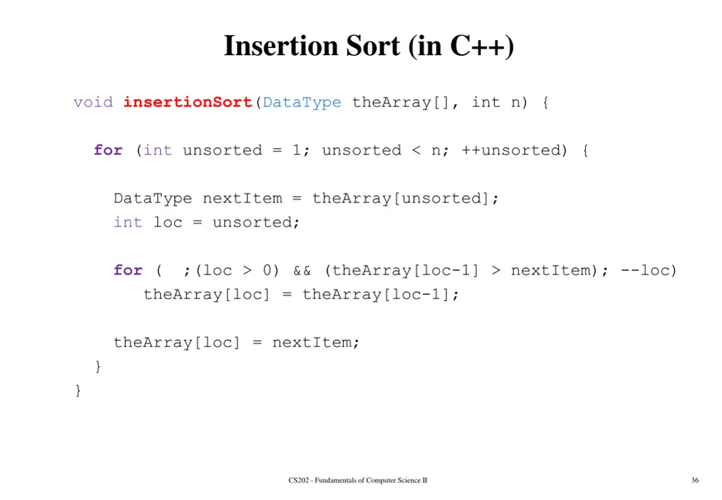 insertion sort in c
