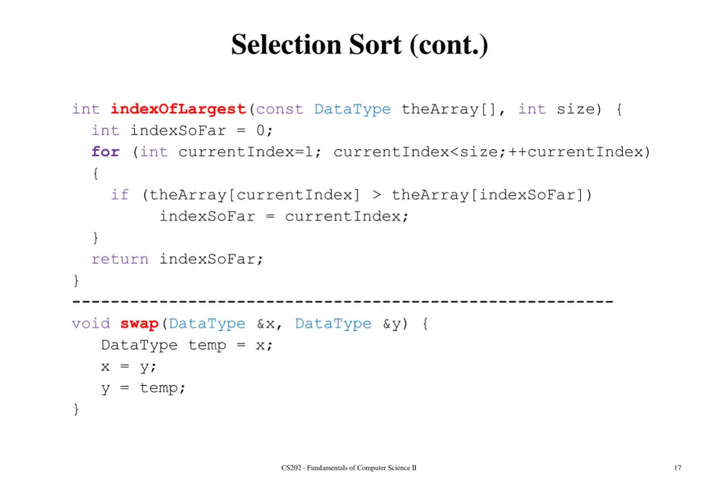 selection sort cont 2