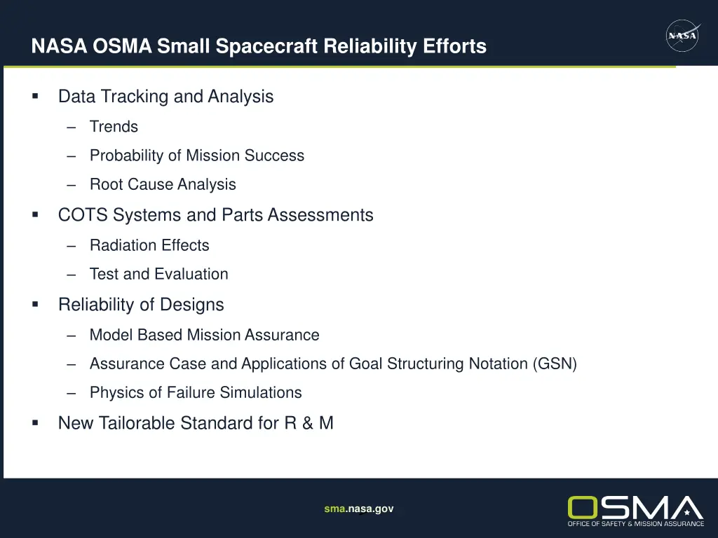 nasa osma small spacecraft reliability efforts
