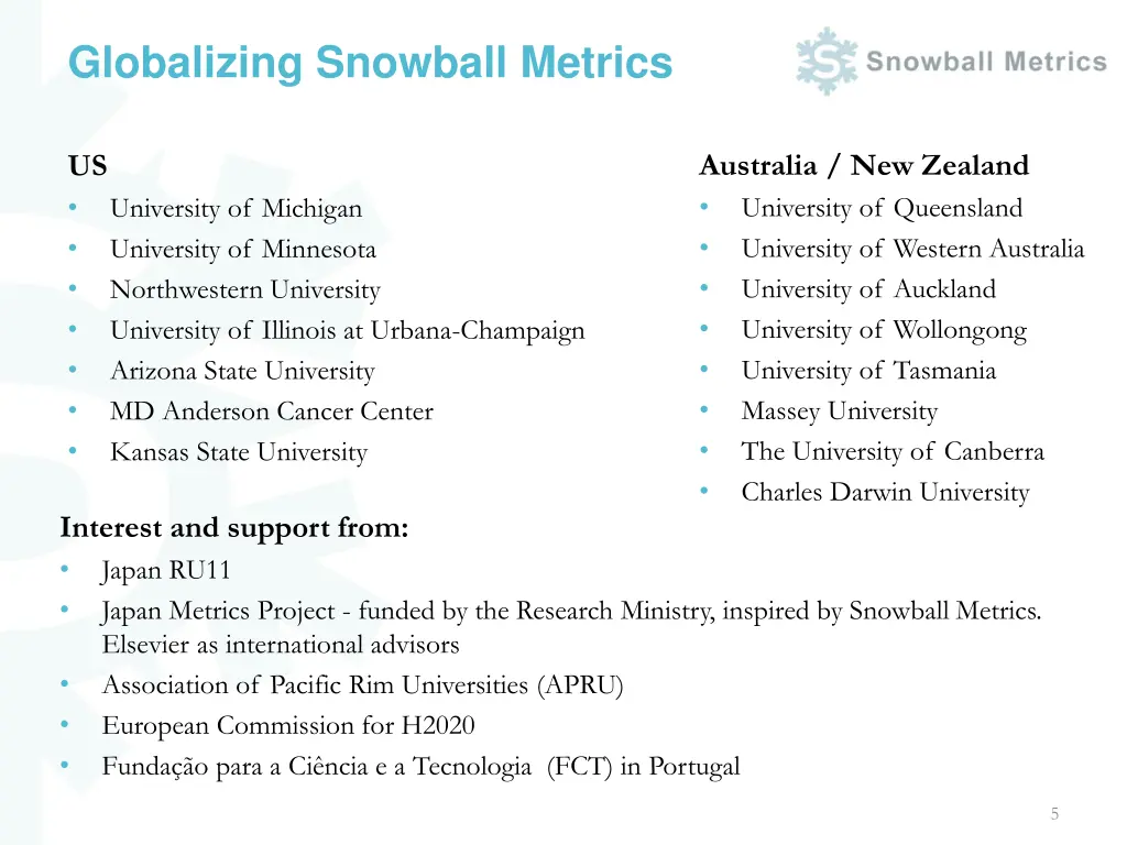 globalizing snowball metrics