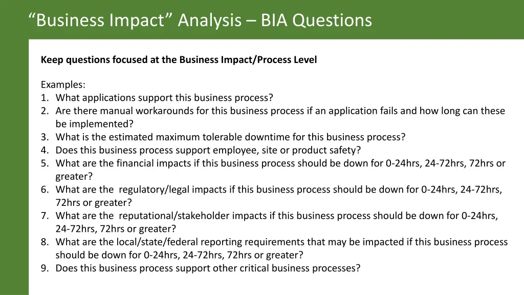 business impact analysis bia questions