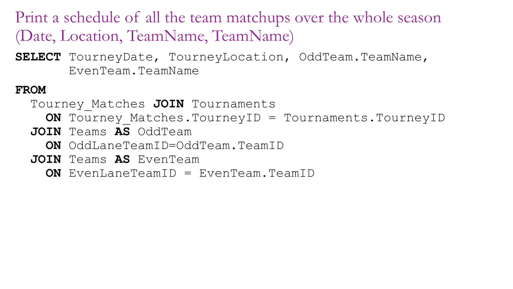 print a schedule of all the team matchups over