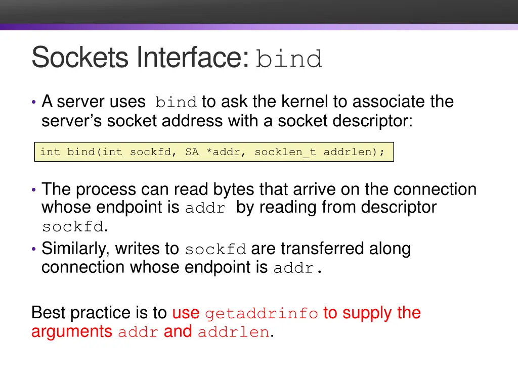 sockets interface bind