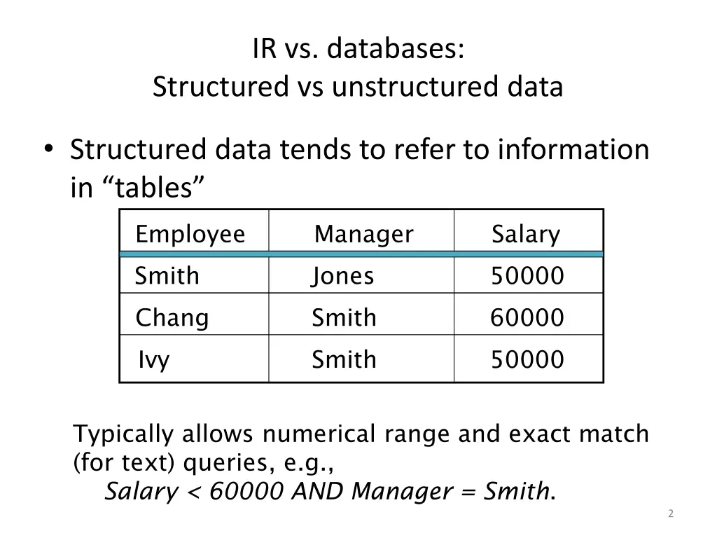 ir vs databases structured vs unstructured data