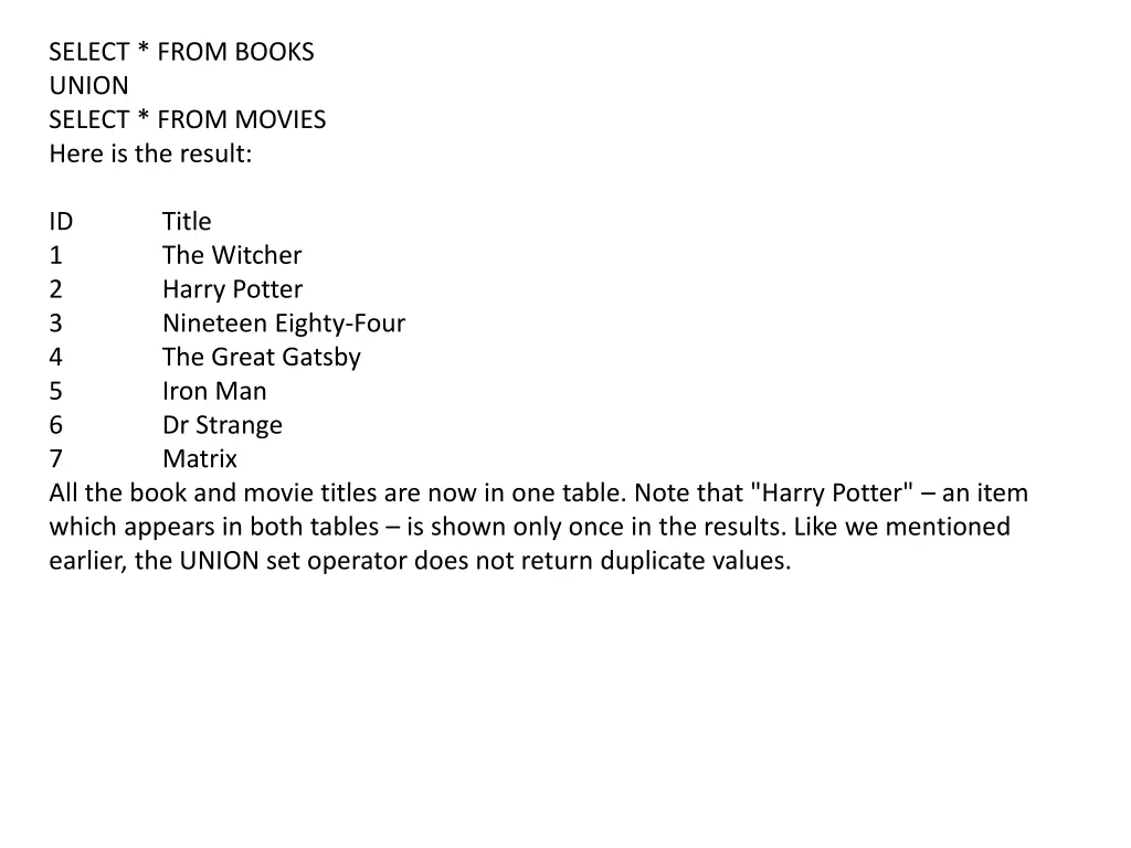 select from books union select from movies here